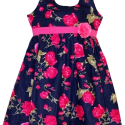 Girl Blue And Pink Floral Cotton Frock With Pink Belt And Flower