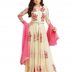 Alethia Enterprise Cream & Pink Color Party Wear Embroidered Georgette Semi-Stitched Anarkali Suit