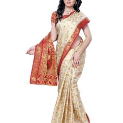 Mimosa Kanchipuram Tassar Wedding Silk Saree White3051-97-HLFWHITEMARUN