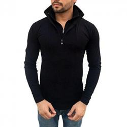 Tees Collection Mens Stylish Half Zip Double Flap Collar Full Sleeve Slim Fit T-Shirt Black_TCDZF001