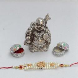 ECraftIndia With Metal Laughing Buddha & Roli-Tikka For Your Beloved Brother Design Thread Rakhi
