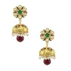 Orniza Rajwadi Earrings In Red & Green Color With Golden Polish Brass Drop Earring