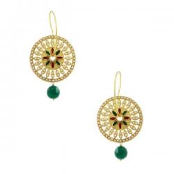 Orniza Rajwadi Earrings In Ruby & Emerald Color And Golden Polish Brass Hoop Earring