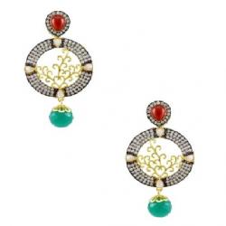 Orniza Victorian Earrings In Ruby & Emerald Color With Antique Polish Brass Drop Earring