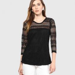 Mayra Party 3/4th Sleeve Self Design Womens Black Top