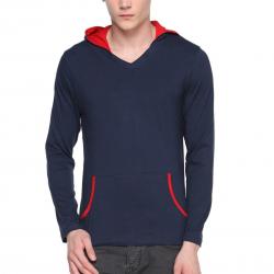 Hot Pepper Mens Cotton Vneck Full Sleeve With Hood Cap And Kangaroo Pocket-Navy