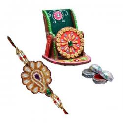 ECraftIndia Designer Rakhi With Papier-Mache Mobile Stand And Roli Tikka Design Religious Rakhi