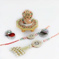 ECraftIndia For Bhaiya/Bhabhi With Lord Ganesha Chowki & Roli-Tikka Design Bhaiya Bhabhi Rakhi