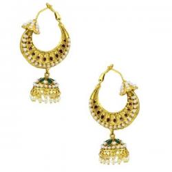 Orniza Rajwadi Earrings In Red & Green Color With Golden Polish Brass Hoop Earring