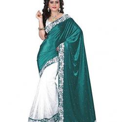 V-Art Womens Velvet & Net Saree GreenVelvet1_Rama Green