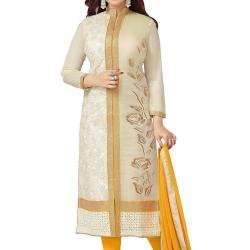 M Fab Ethnic Embroidered Cream Chanderi Cotton Free Size Straight Salwar Suit Dupatta Semi stitched Dress Material