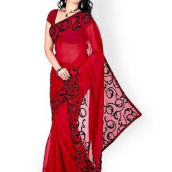 DivyaEmporio Womens Black and Red Faux Georgette Saree