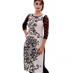 Clickedia Womens Cotton Long Kurta White Kurti_Black White