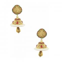 Orniza Ruby and Emerald Golden Temple Jhumki Earrings Brass Drop Earring